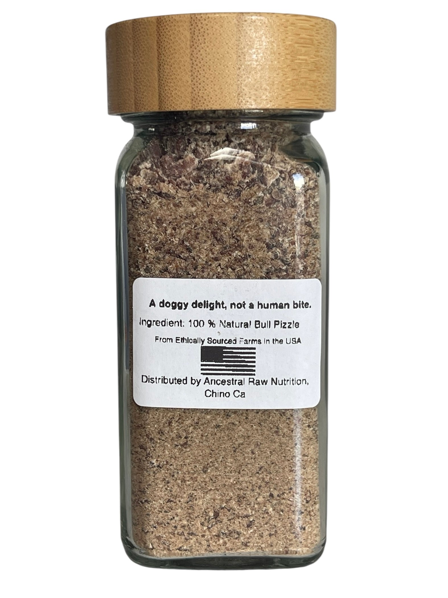 Package of Bull Pizzle Meal Topper with clear label showing 100% natural bull pizzle