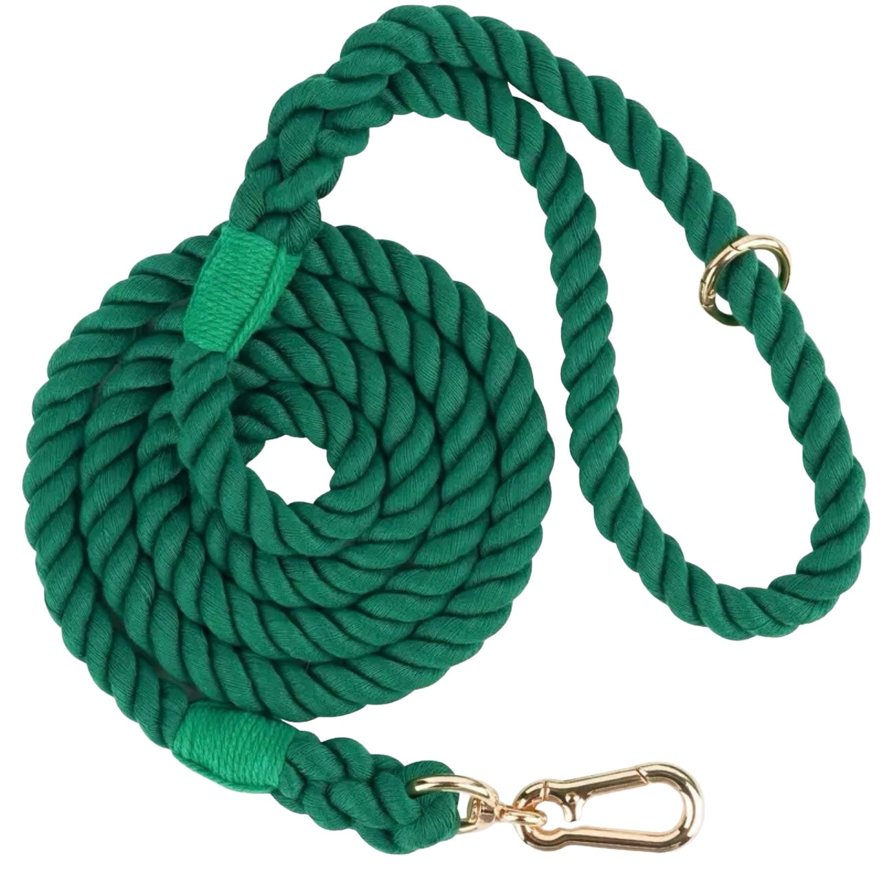 Braided rope dog leash coiled on white background