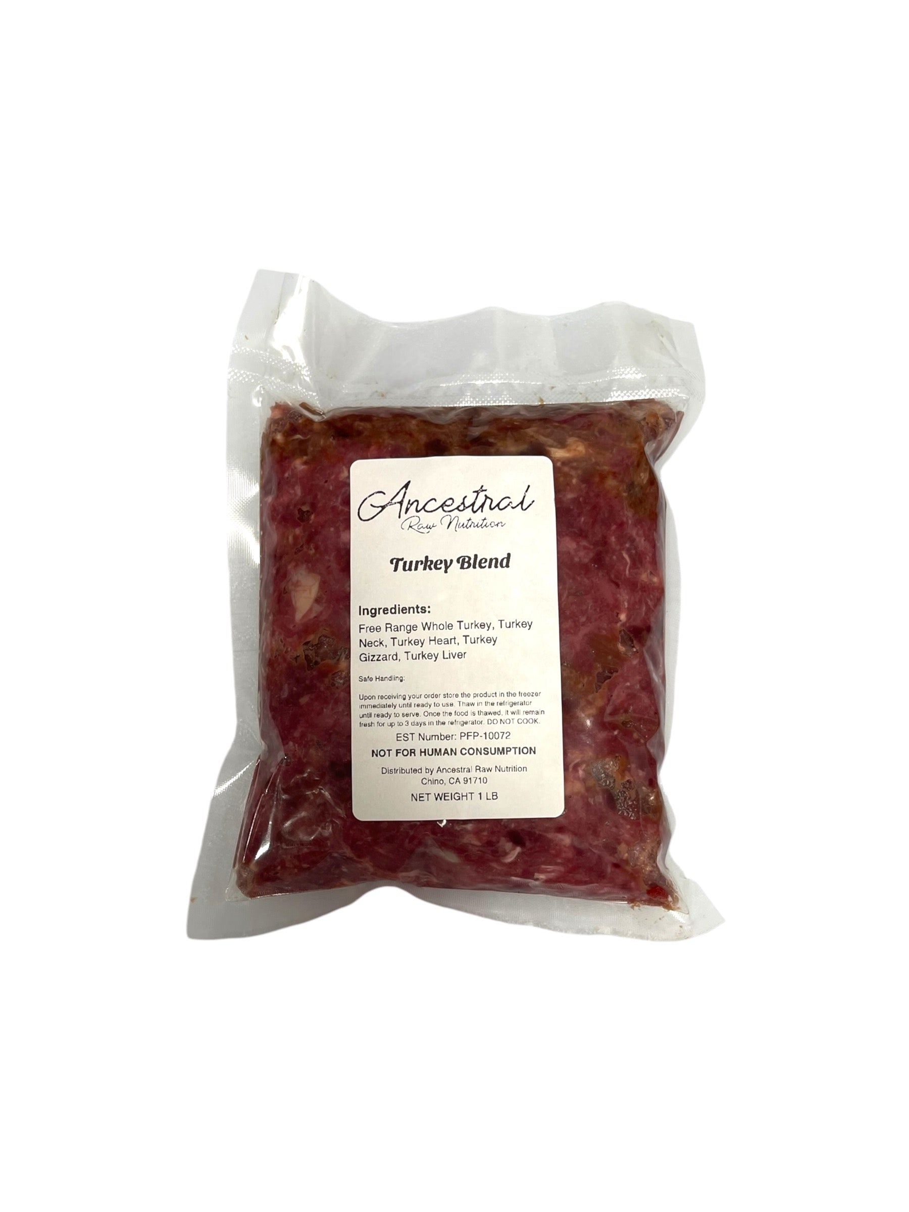 Ancestral Raw Nutrition’s Turkey Blend with visible bone and gizzard