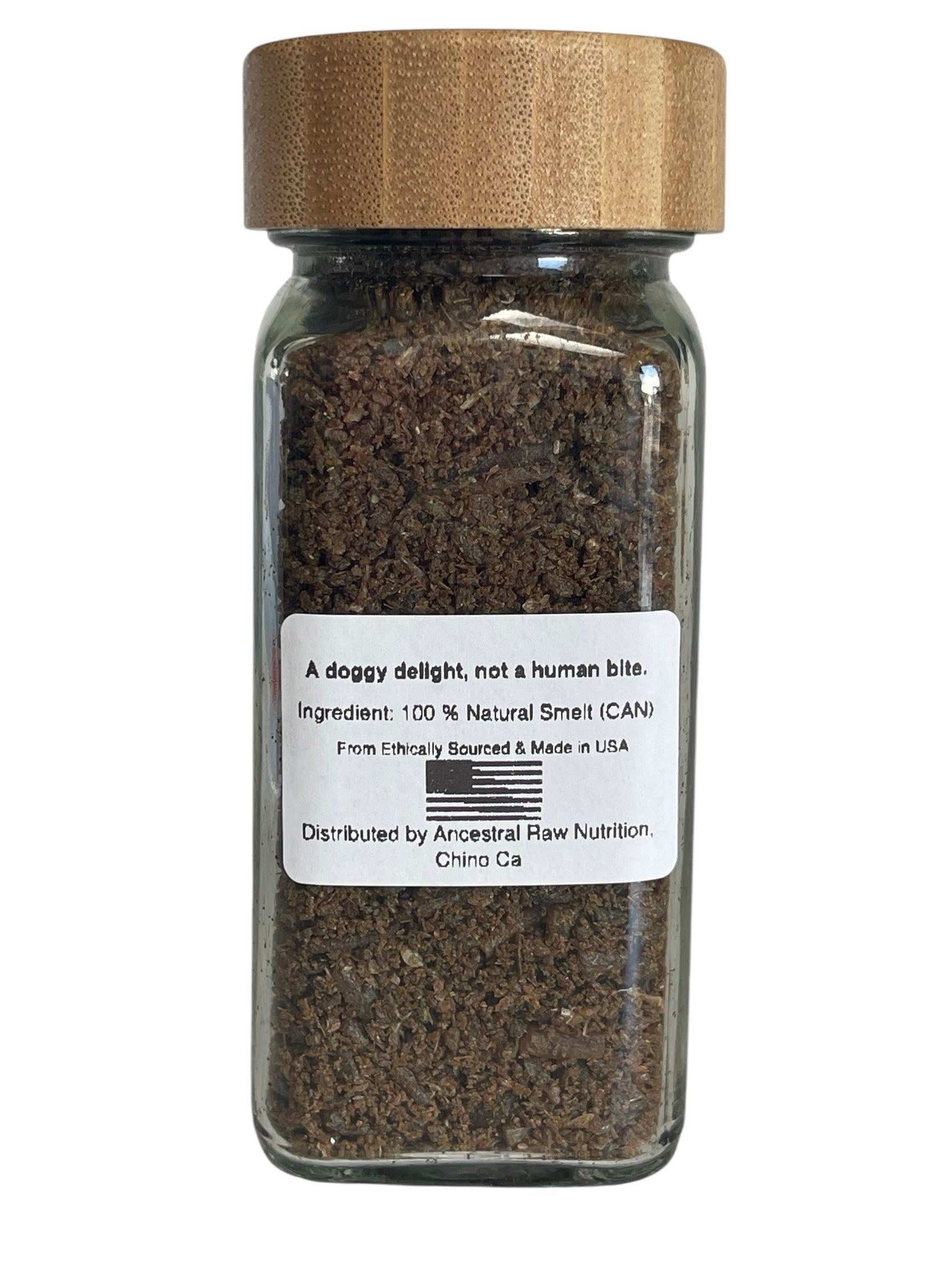 Glass jar containing Smelt Meal Topper with clear label