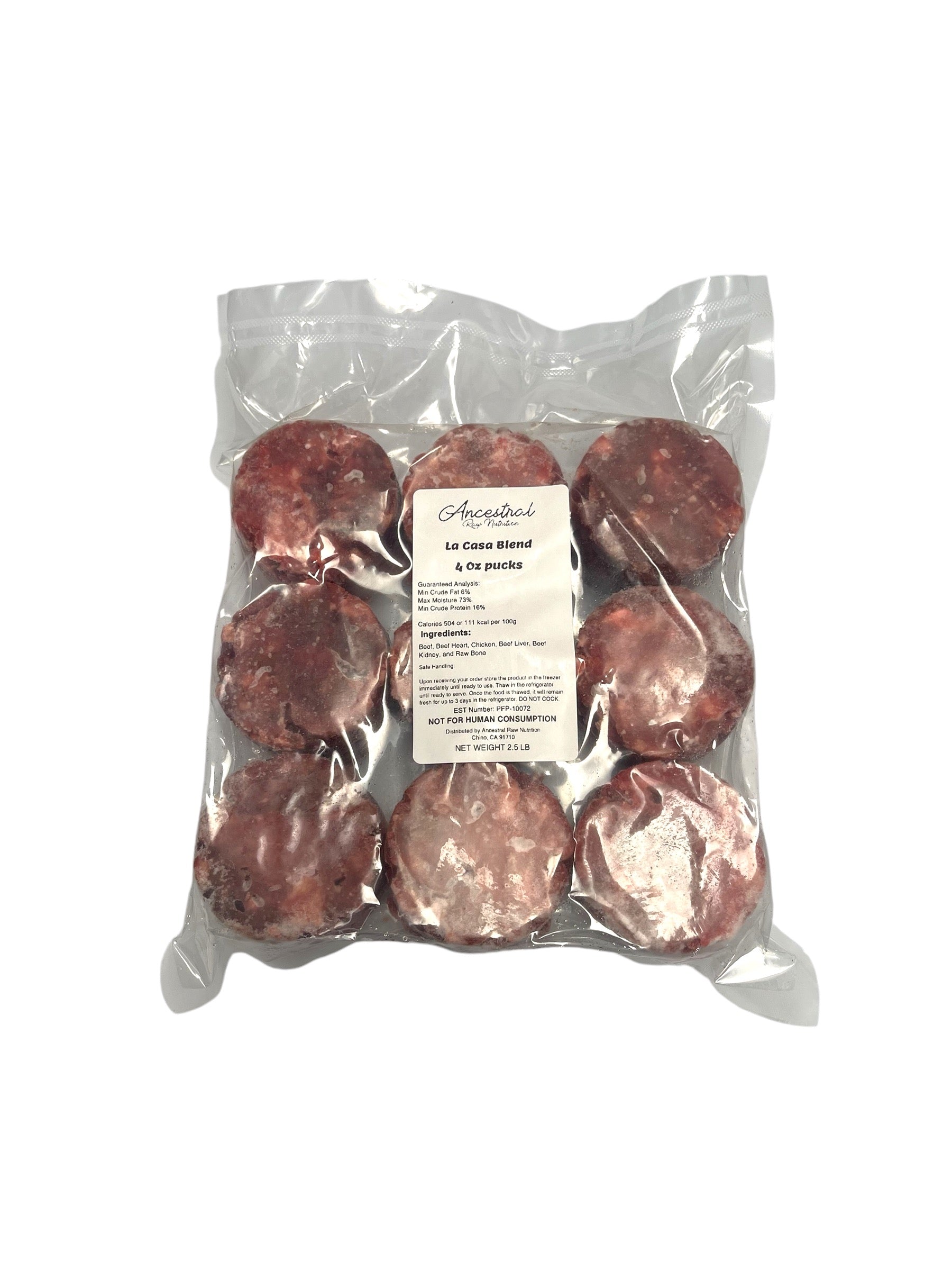 La Casa Blend frozen pucks in clear vacuum-sealed packaging