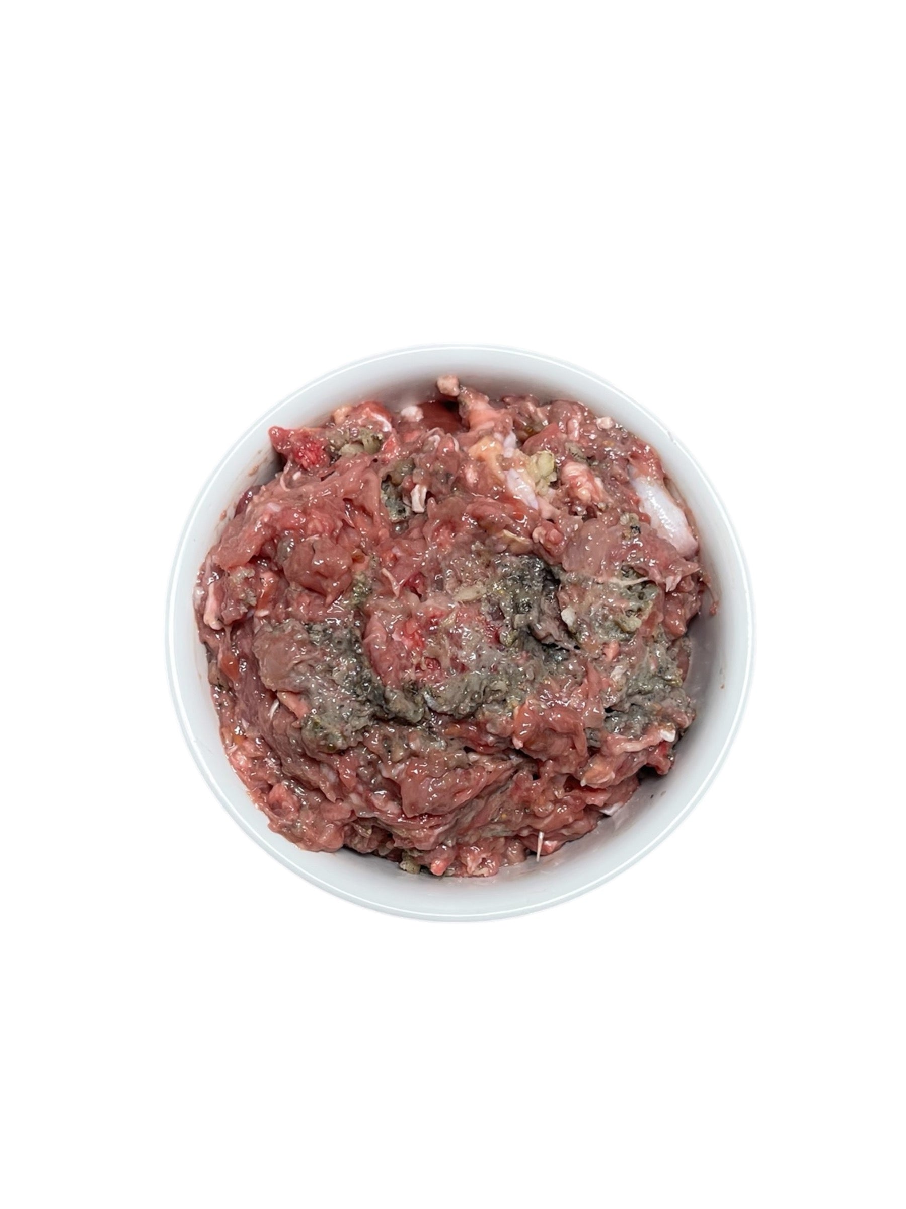 Close-up of Chicken & Smelt Blend showing raw chicken and whole smelt pieces