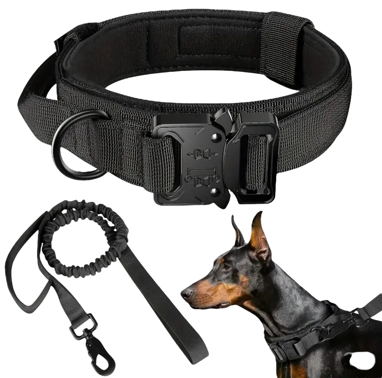 Tactical dog collar and leash set in black