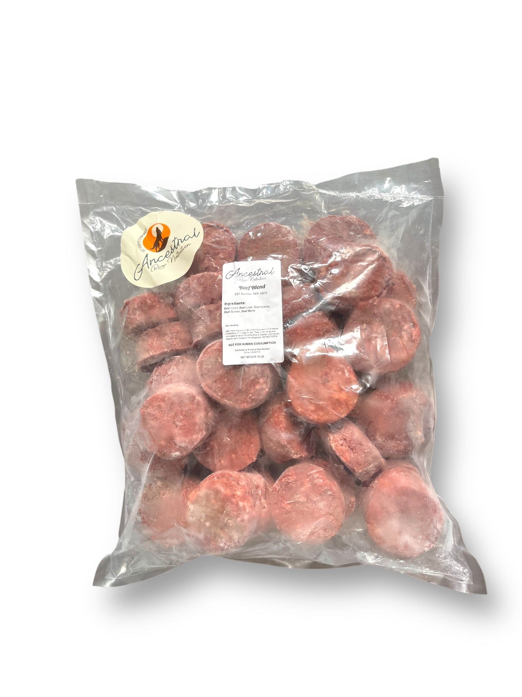 Raw beef blend fine grind 4 oz pucks in bag