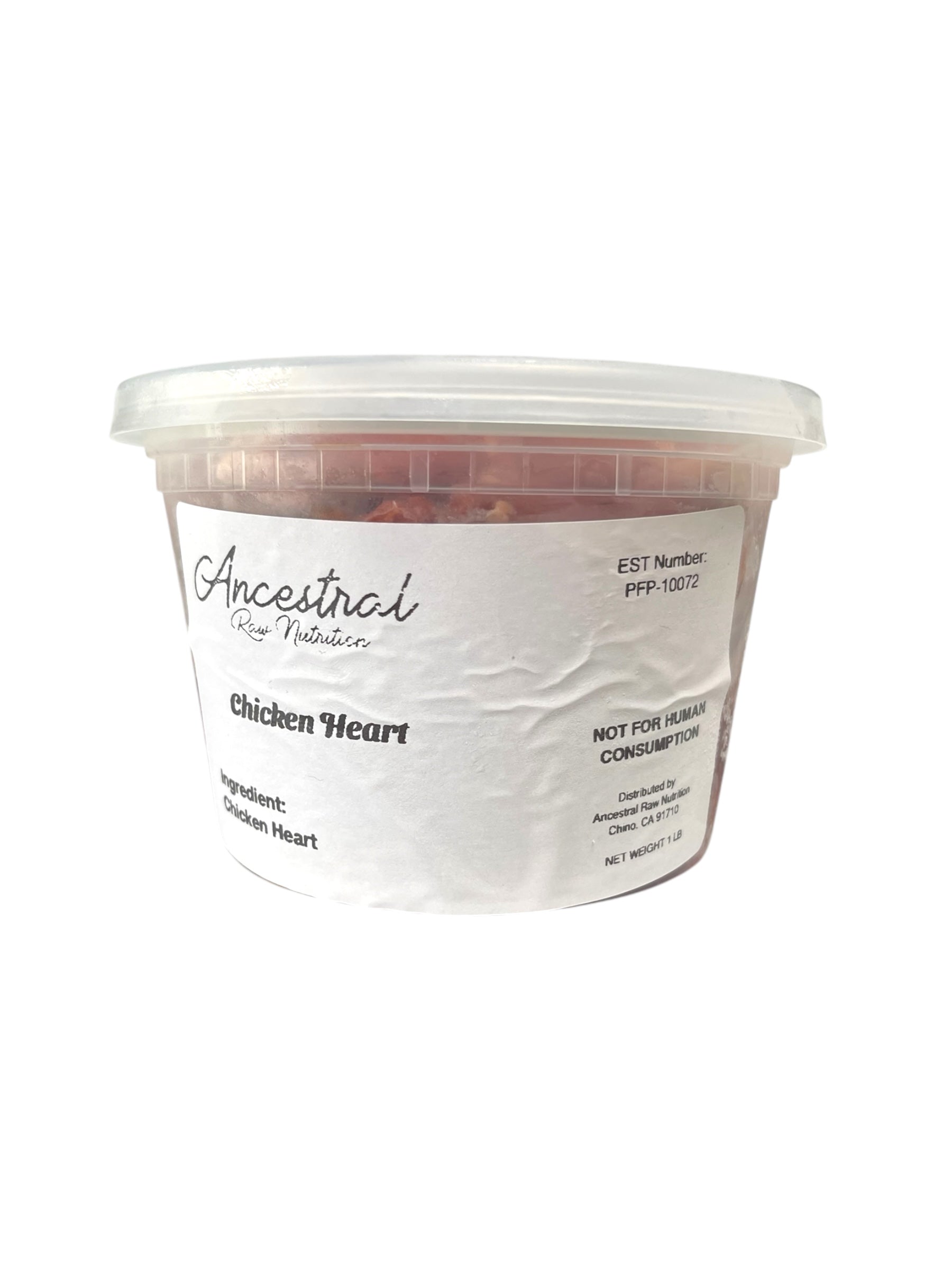 Packaged frozen raw chicken hearts for pet nutrition