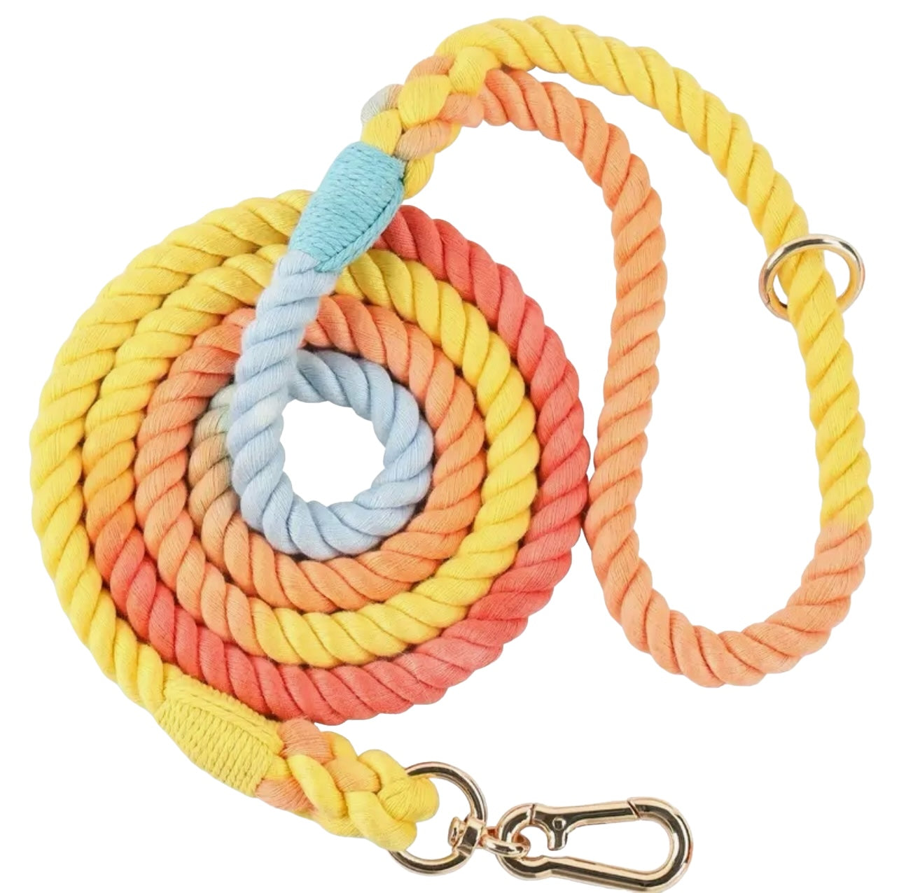 Braided rope dog leash coiled on white background