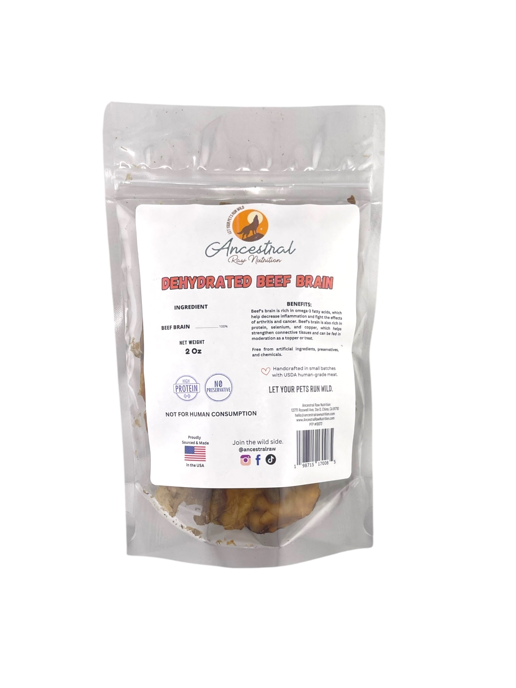 2 oz resealable pouch labeled Dehydrated Beef Brain