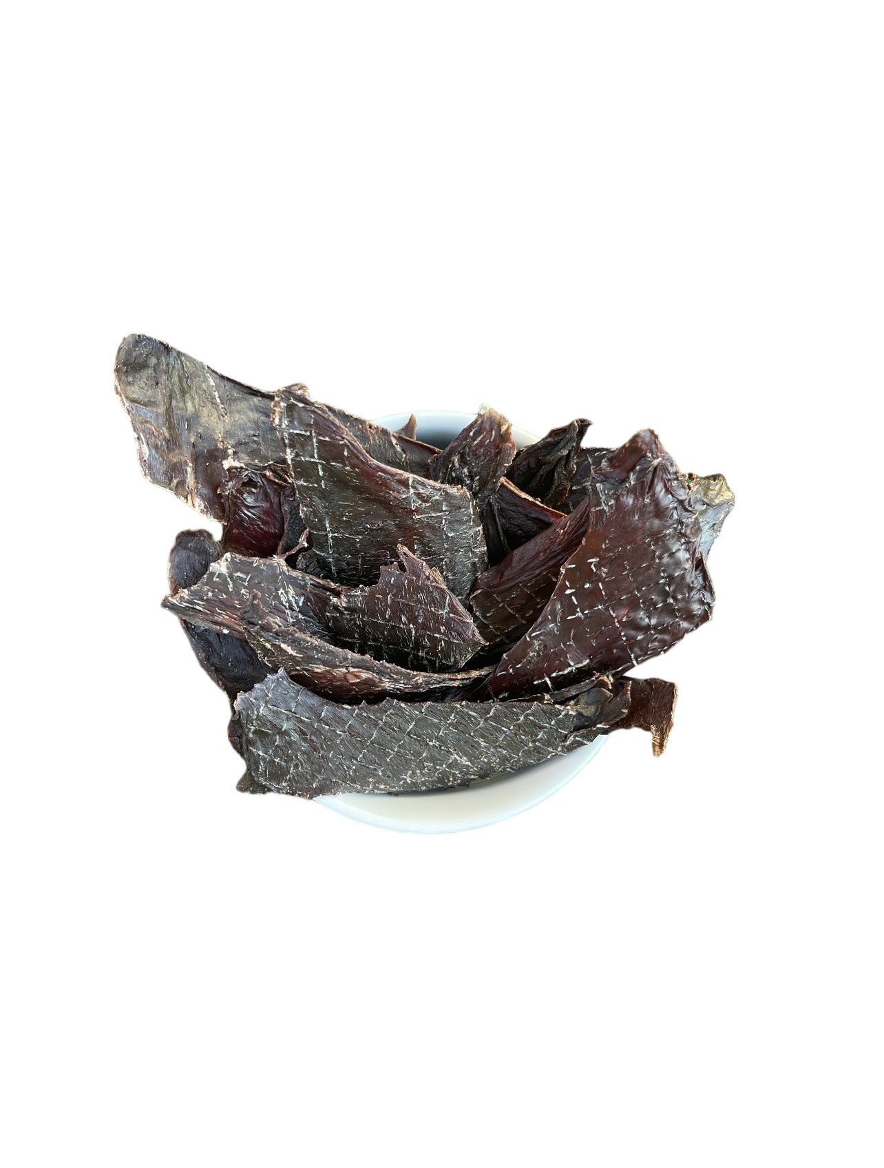 Close-up of sliced dehydrated beef heart in a bowl