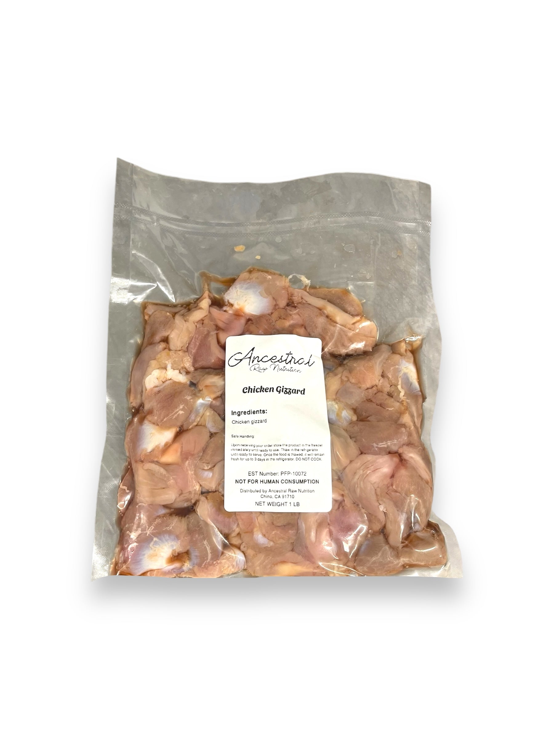 Raw chicken gizzards in vacuum-sealed packaging for pets