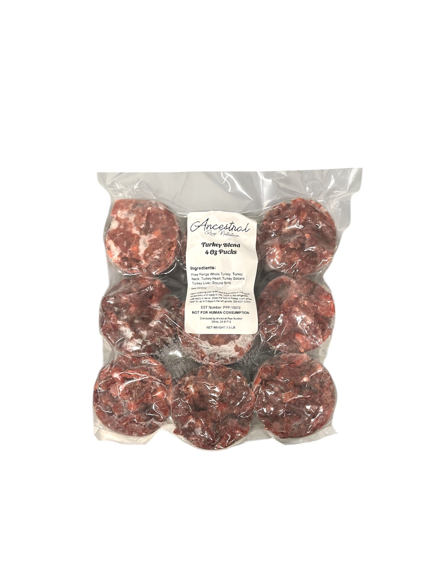 Frozen 2.5 LB bag of Turkey Blend raw pucks