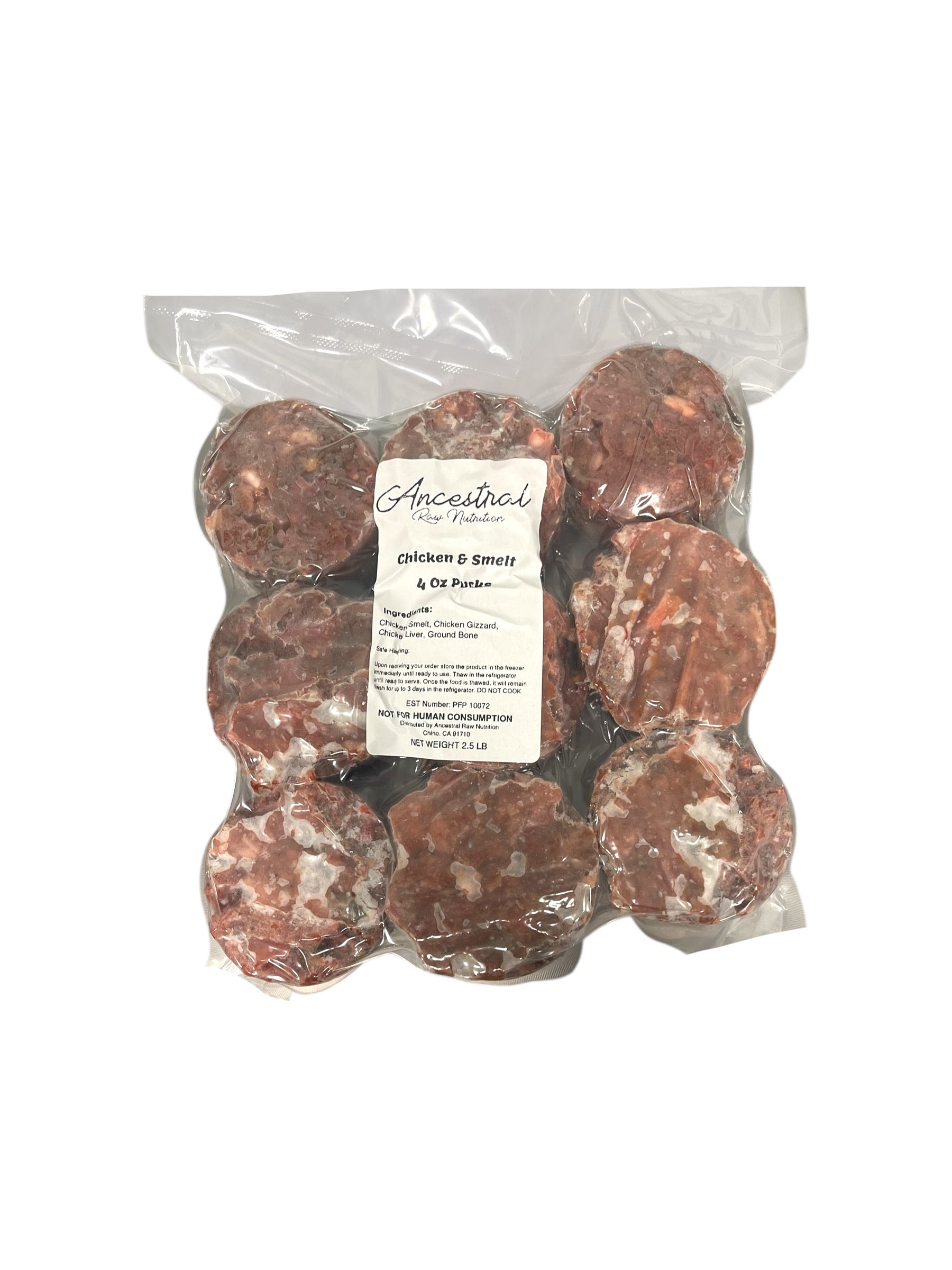 Chicken & Smelt Blend 2.5 LB bag with raw pucks