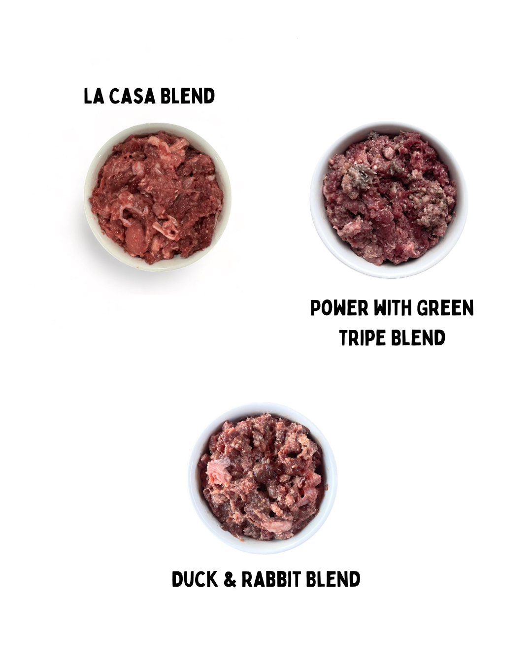 Complete Raw Blend Box with 3 labeled frozen blends – La Casa, Power, Duck & Rabbit
