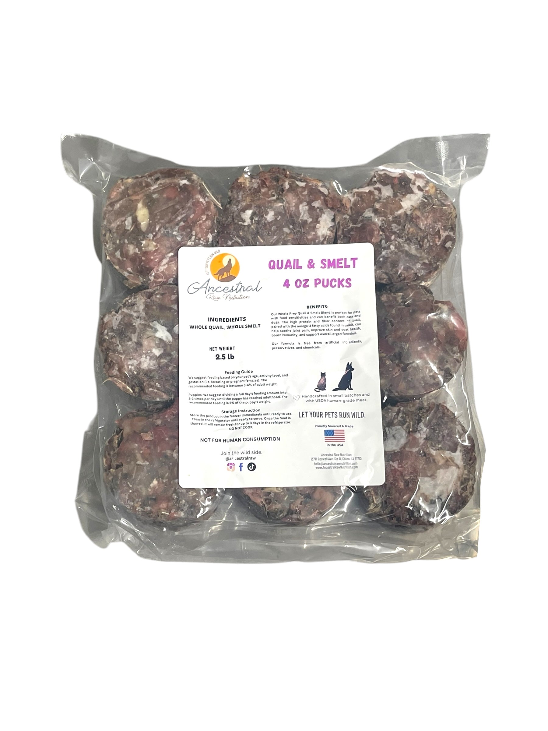 Whole Prey Quail & Smelt 2.5 LB bag of raw pucks