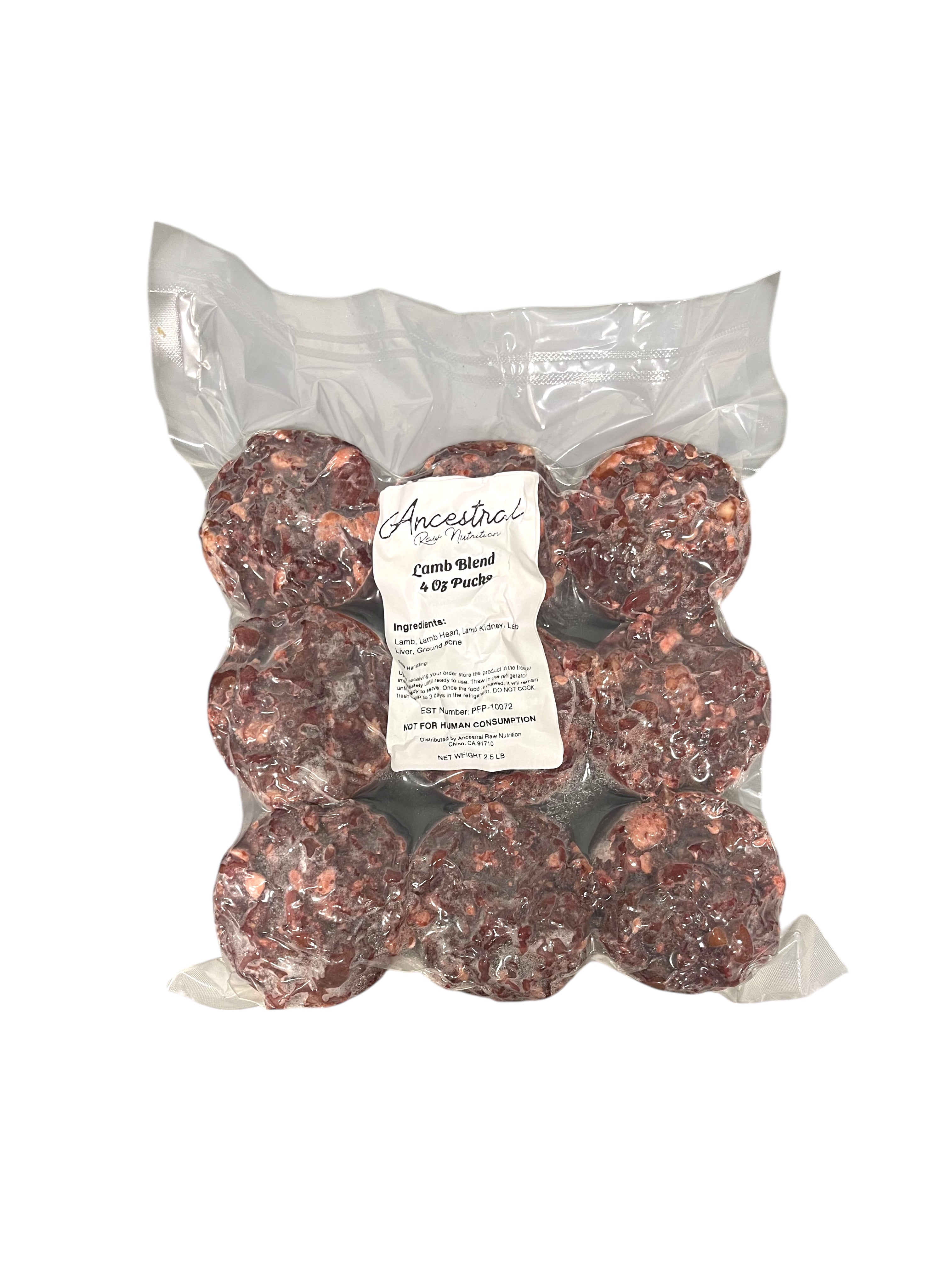 Vacuum-sealed 2.5 LB bag of Lamb Blend with 4 oz raw pucks visible