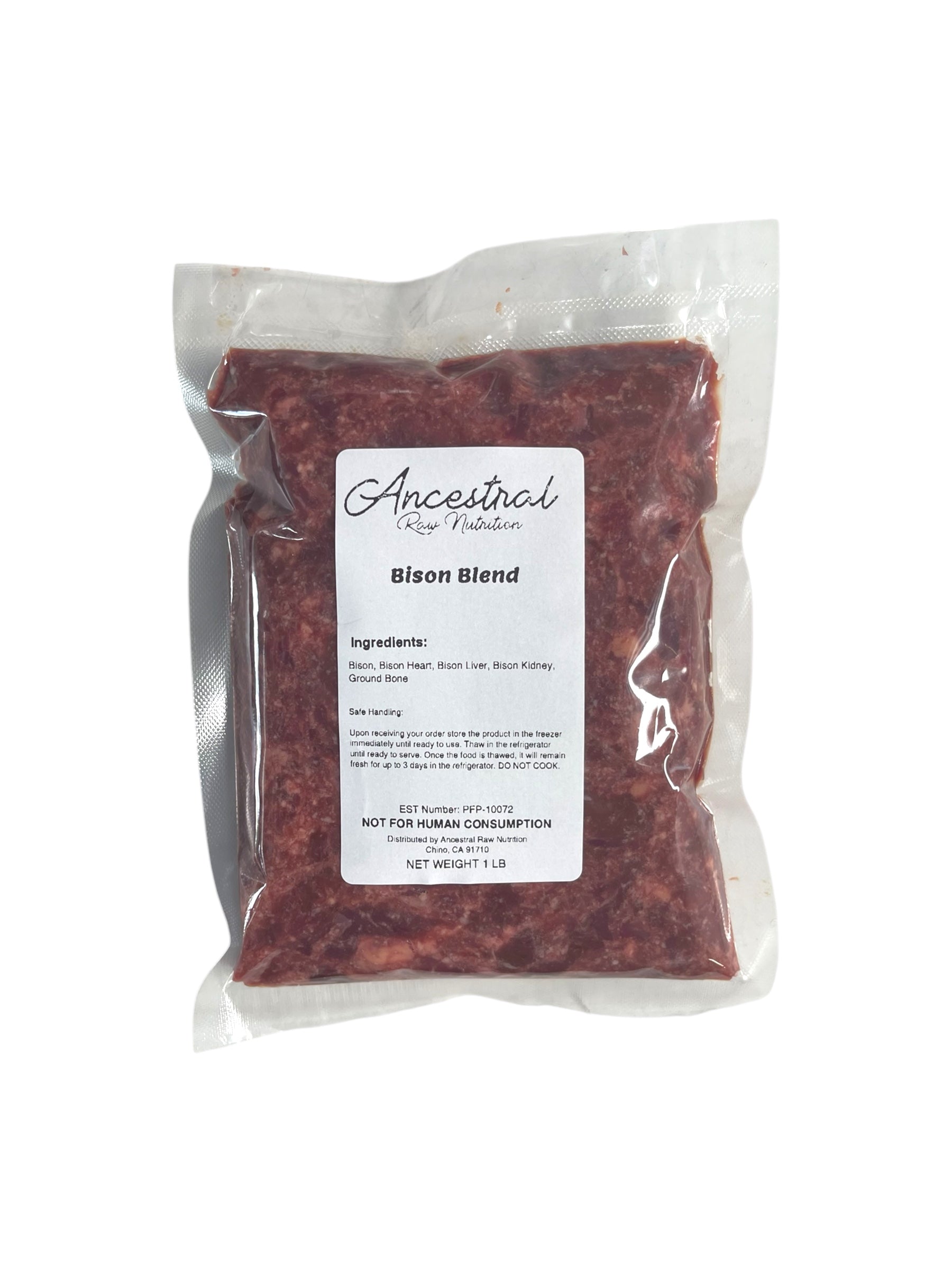 Packaged bison raw food on white background
