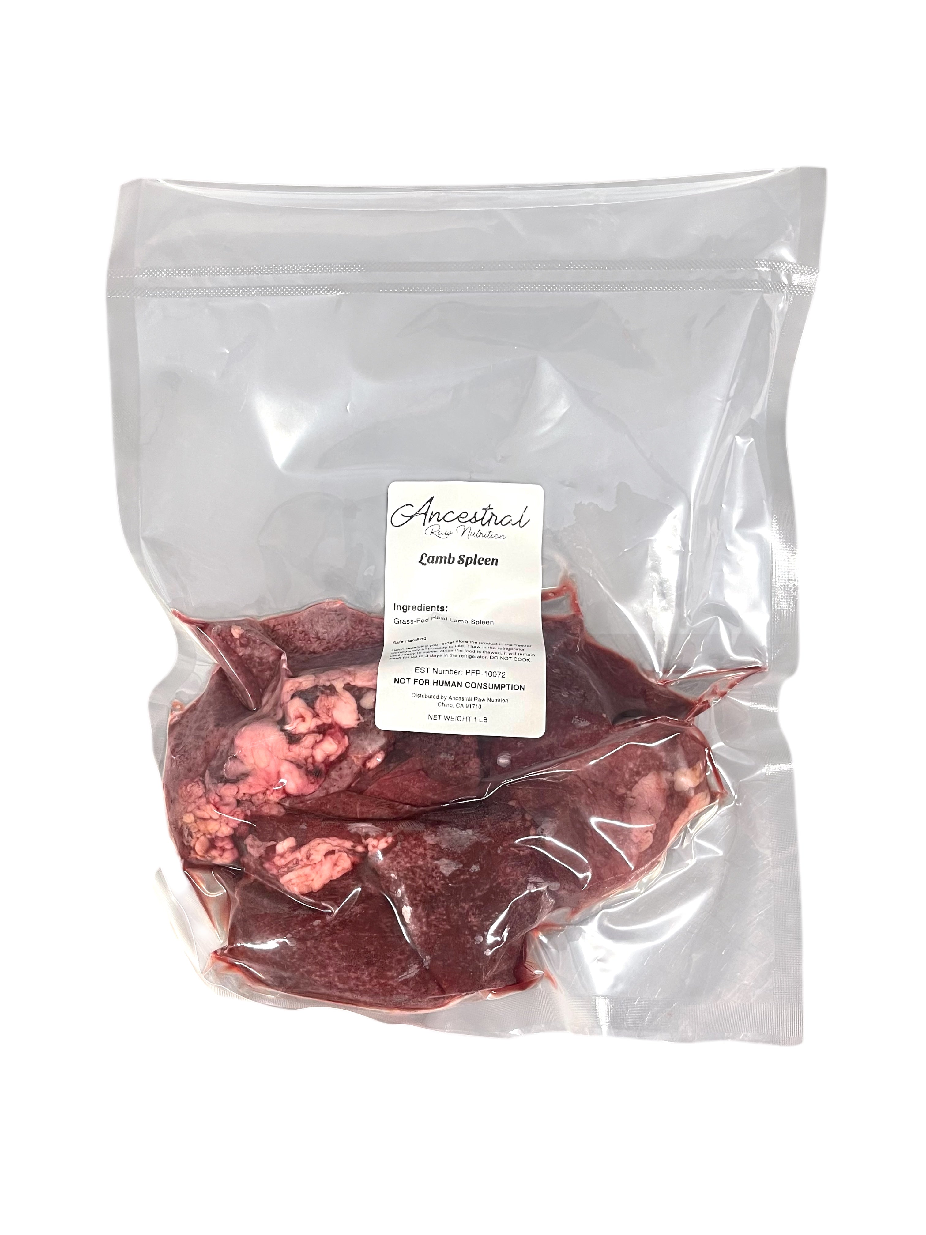Packaged frozen raw lamb spleen for pet nutrition