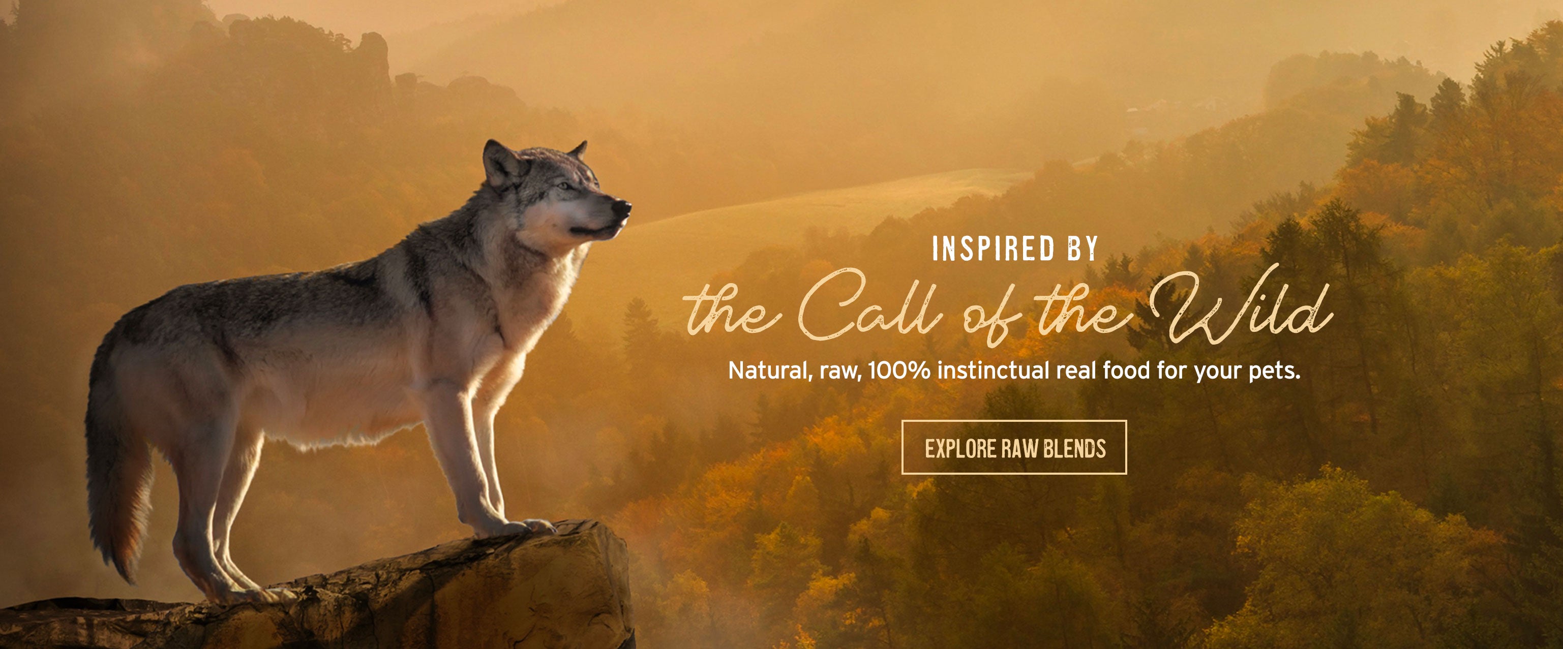 Forest background with marketing text promoting natural, raw, instinctual pet food inspired by the call of the wild.