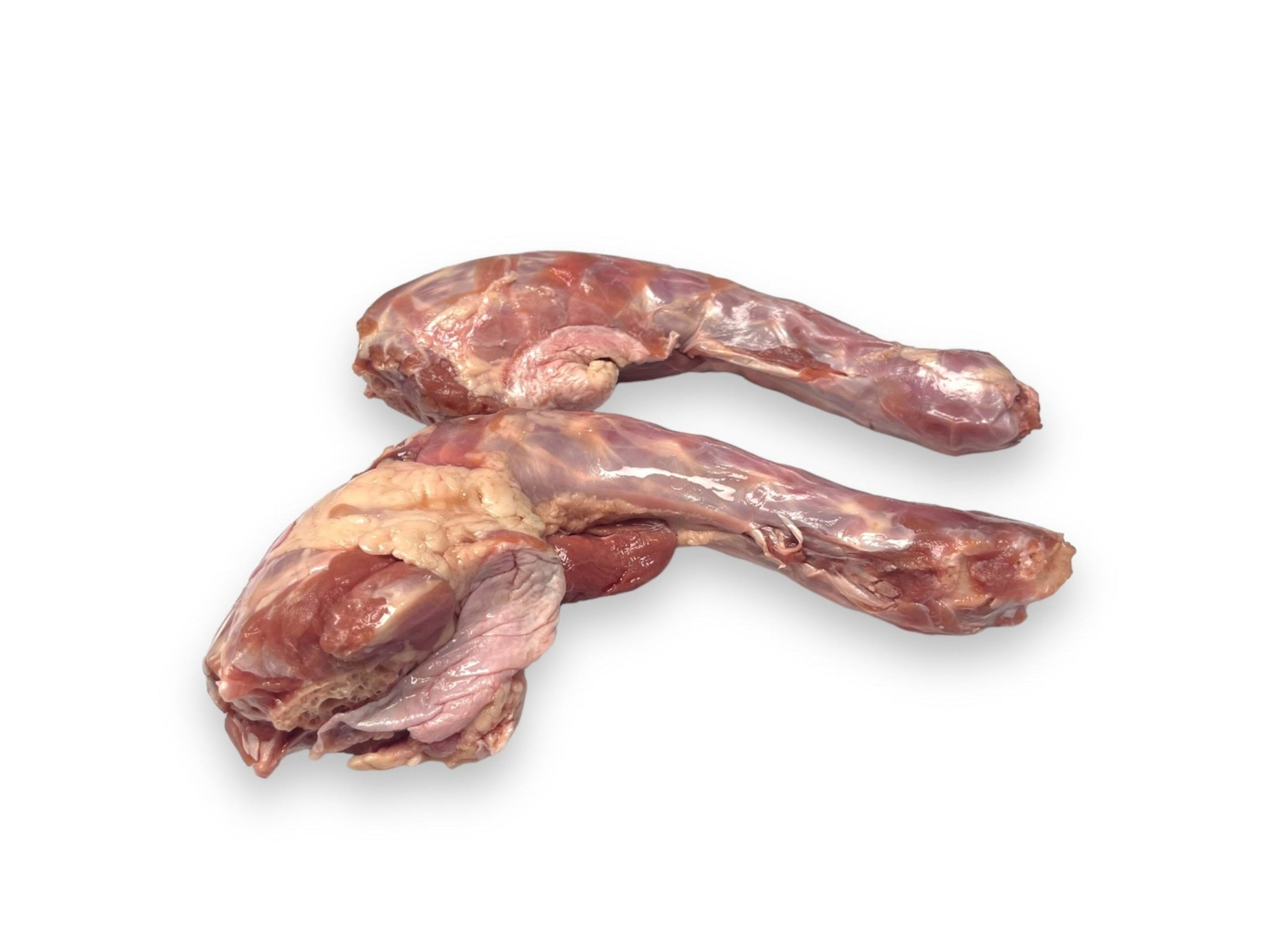 Raw turkey necks on display for pet feeding