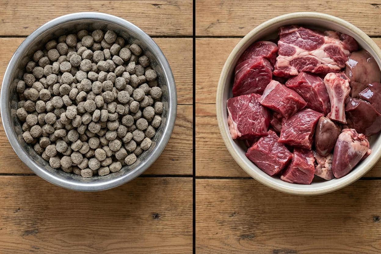 Two bowls of pet food labeled 'Processed Kibble' and 'Raw Prey Model Diet' on a wooden surface.